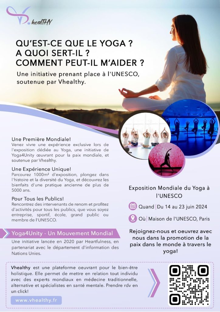 Exposition mondiale de yoga &agrave; l'UNESCO, soutenue par Vhealthy et Yoga4Unity.