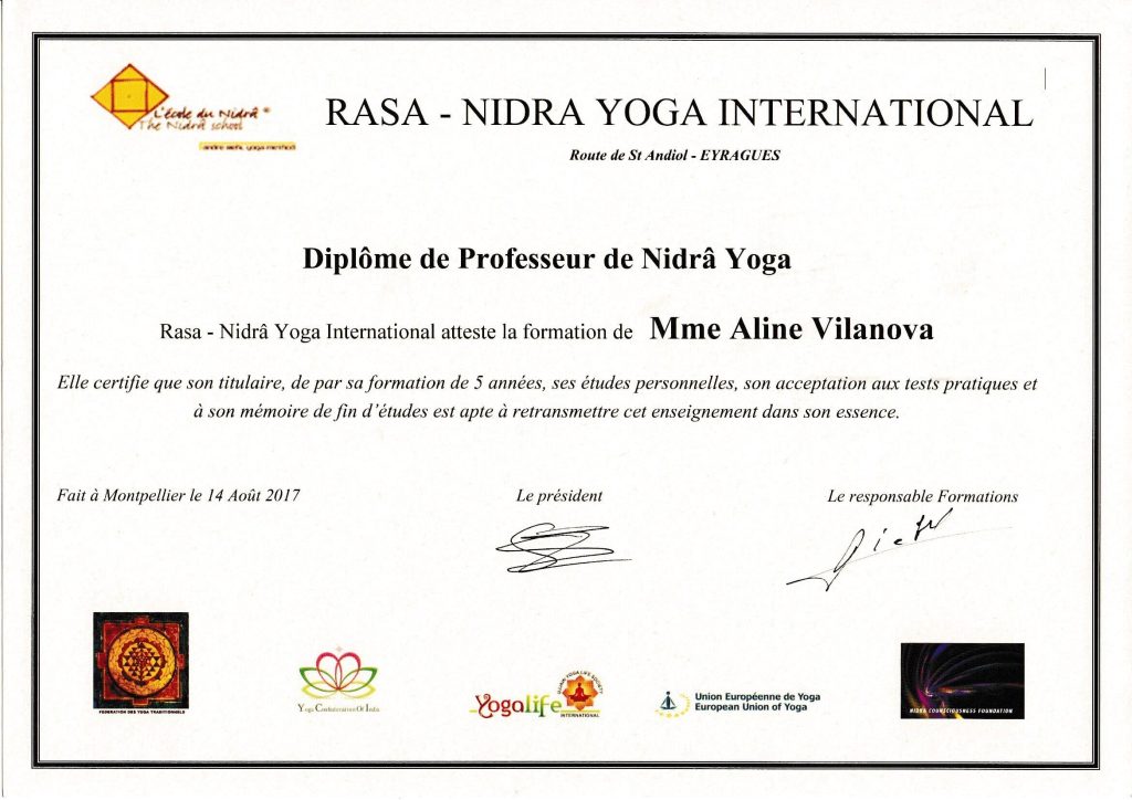 Dipl&ocirc;me de professeur de Nidr&acirc; Yoga d&eacute;cern&eacute; &agrave; Mme Aline Vilanova en 2017.