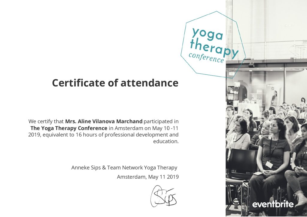 Certificat de participation &agrave; la Yoga Therapy Conference &agrave; Amsterdam.