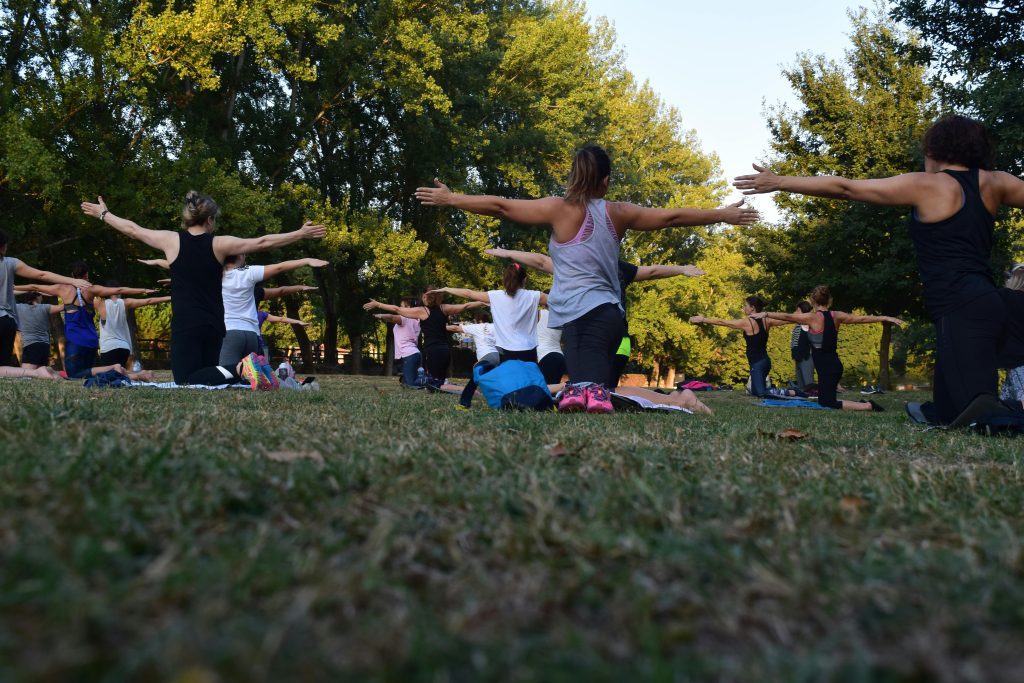 Personnes faisant du yoga en plein air dans un parc, bras &eacute;tendus.