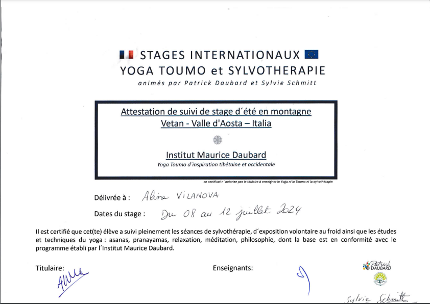 Attestation de suivi de stage d'&eacute;t&eacute; en Yoga Toumo et Sylvoth&eacute;rapie en Italie.