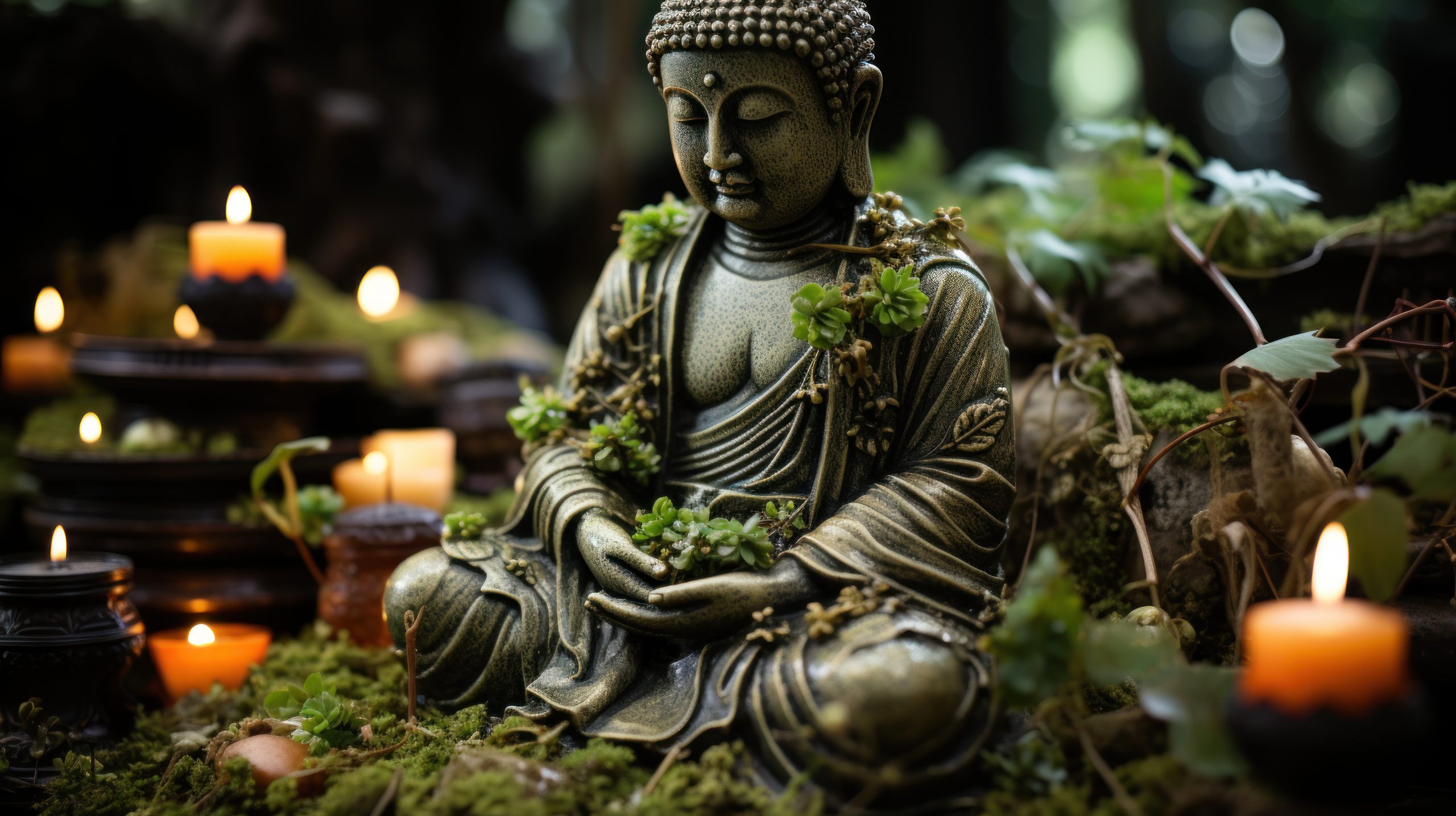Statue de Bouddha méditant avec bougies et plantes autour.