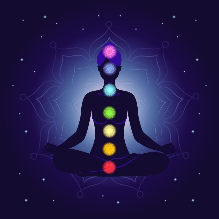 Silhouette méditant avec chakras alignés sur un fond étoilé.